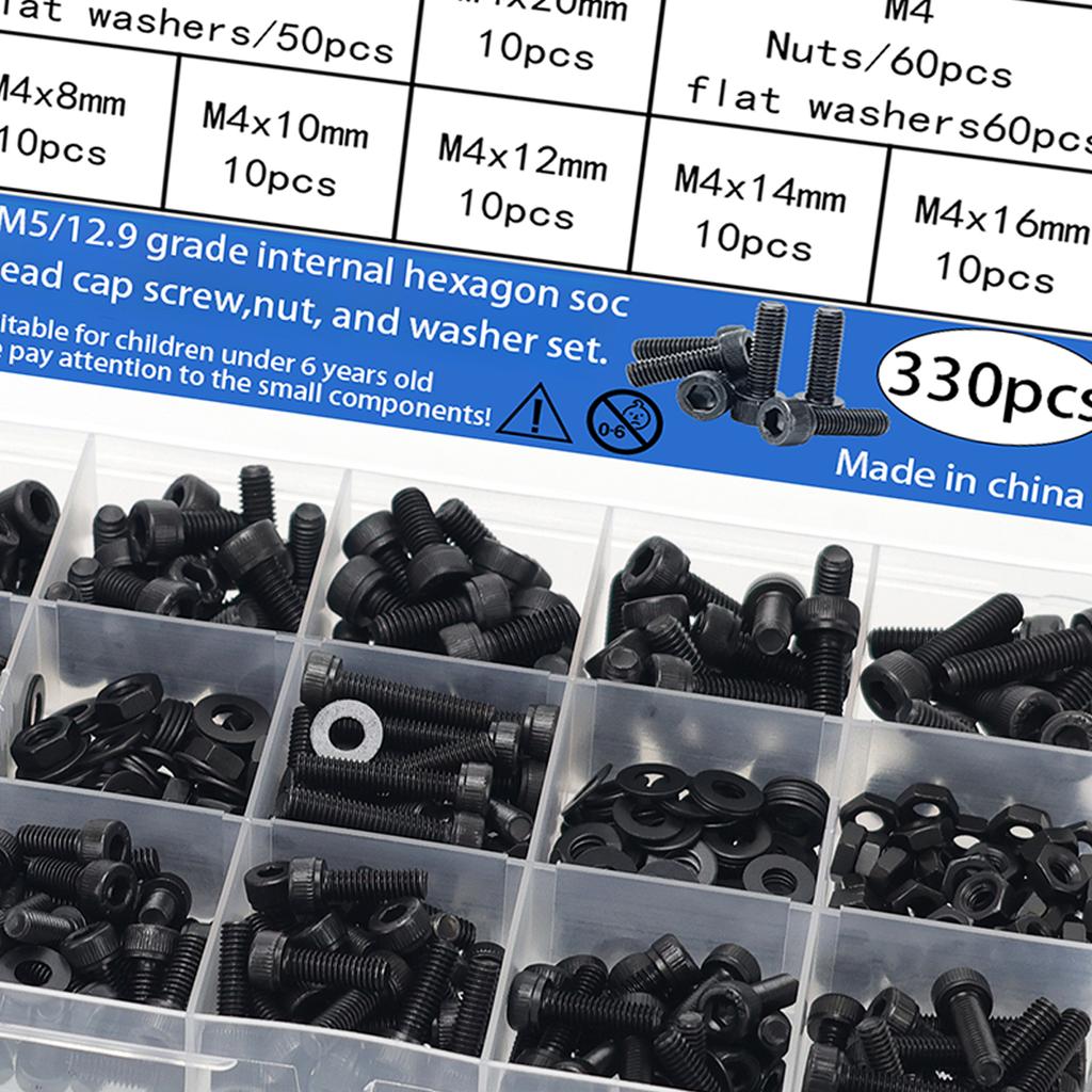330pcs/M4 M5 12.9 grade black internal hex socket head cap screws, nuts, and flat washers set, DIN912 metric bolts and fasteners