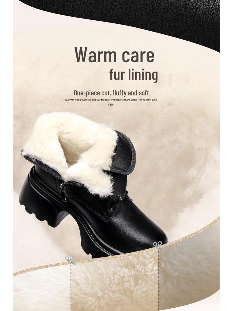 Women's Winter Leather Snow Boots, Thick Sole, Fleece-Lined, Warm Cotton Martin Ankle Boots