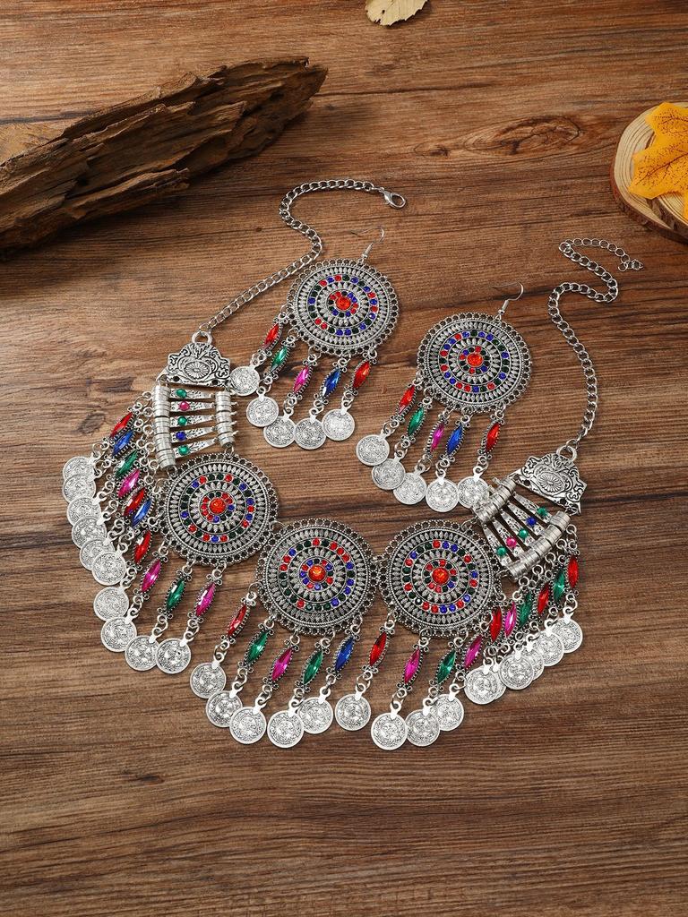 Gypsy Bohemia Chic Vintage Metal Coin Crystal Tassel Jewelry Sets Women Hippie Turkish Ethnic Tribal Necklace Earring Set