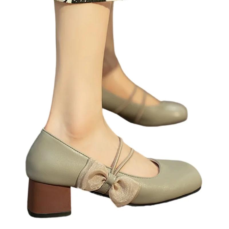 Fashion Square Toe Women Mary Janes Shoes Mid Heels Bow Elegant Woman Pumps 2025 Trend Brand Fashion Lolita Sandals Women’s Zapatillas