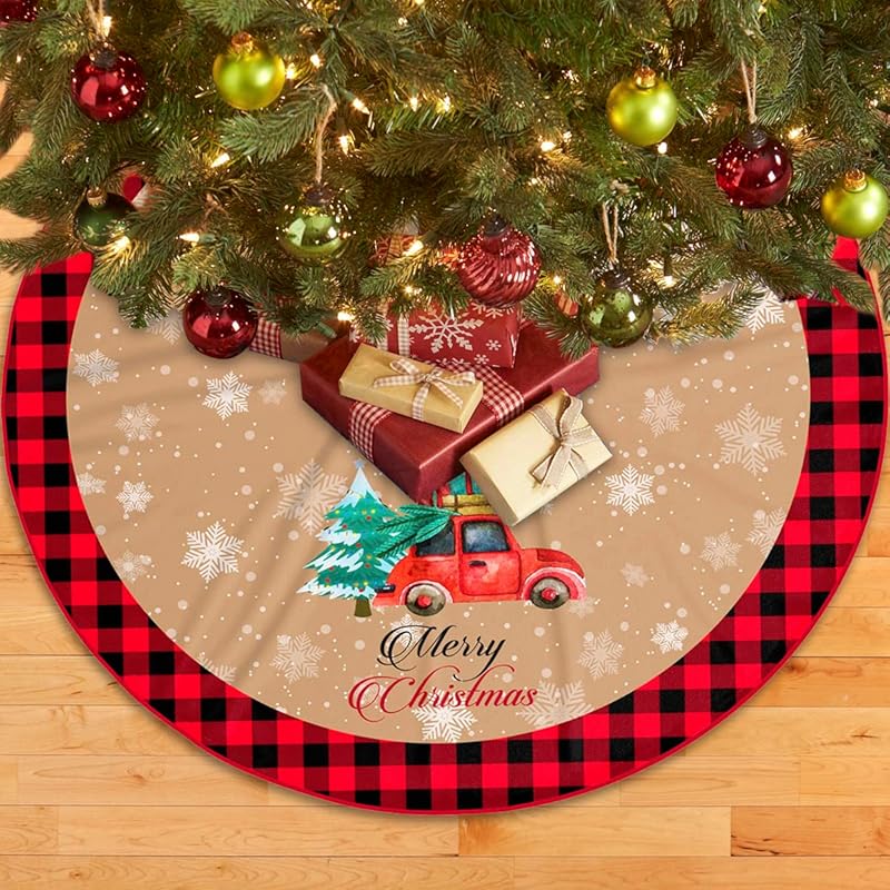 Christmas Tree Skirt, 48 Inch Red Truck Xmas Tree Skirt with Red Black Buffalo Plaid Edge, Rustic Vintage Farmhouse Christmas Decoration Ornaments