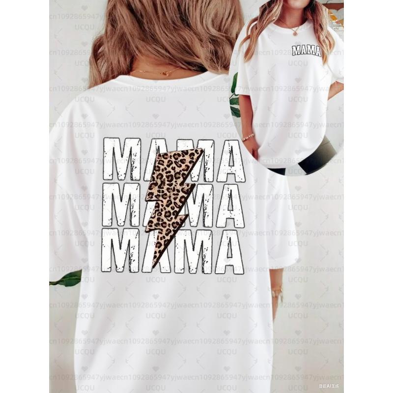 Women's Short Skeeve Casual T-Shirt With Letter & Lightning Print MAMA MAMA MAMA Graphic Cheetah Print Tees Women Tops