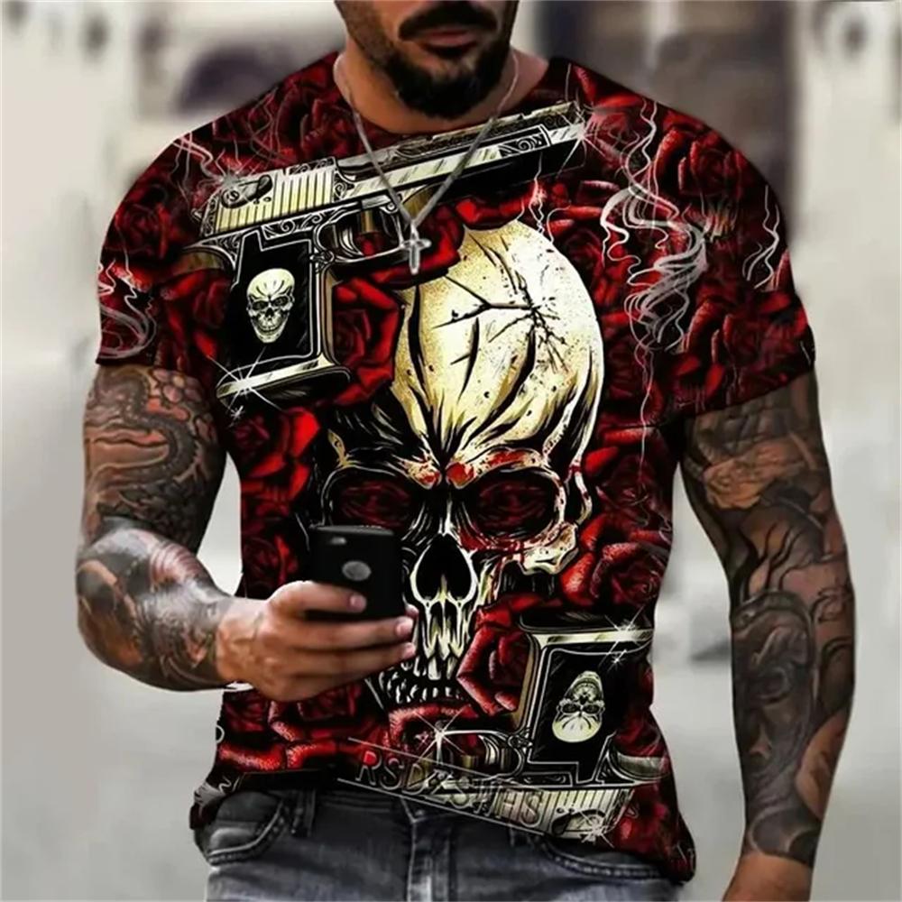 Summer Round Neck 3D Interesting and Terrifying Skull Pattern Print Top Fashionable Casual Short Sleeved Men's T-shirts