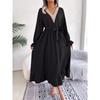 Women's Autumn-winter Style V-neck Lace Pinched Waist Long Dress