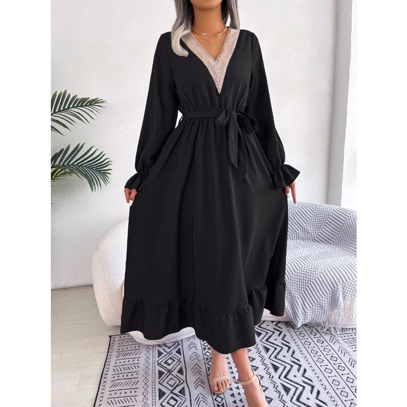 Women's Autumn-winter Style V-neck Lace Pinched Waist Long Dress