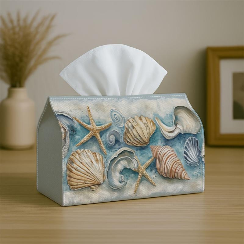 1pc Party Tissue Box, Coastal Watercolor Nautical, Multifunctional Tissue Holder, Seashell Starfish Blue Beach, Outdoor Party Supplies, Everyday Deskt