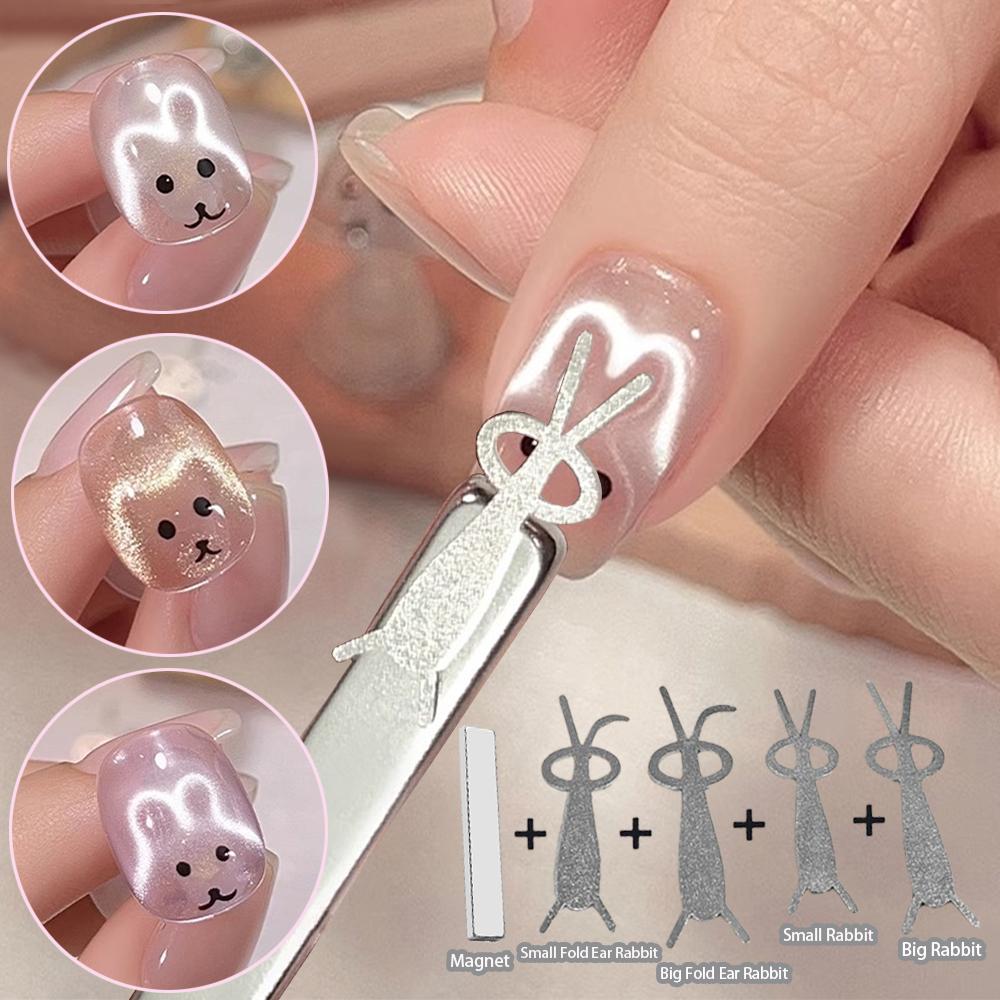 

5 шт./набор Милый магнит для ногтей «кошачий глаз» в форме кролика, эффект кролика с опущенными ушами, железная пластина + квадратная магнитная палочка, инструменты для магнита для гель-лака TB102-4