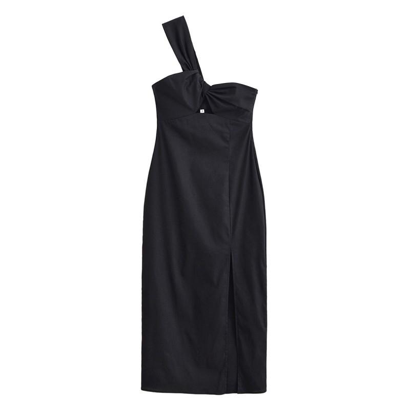 

European American Women s Clothing Summer Fashionable Linen Imitation Oblique Shoulder Tube Top Dress XS чёрный