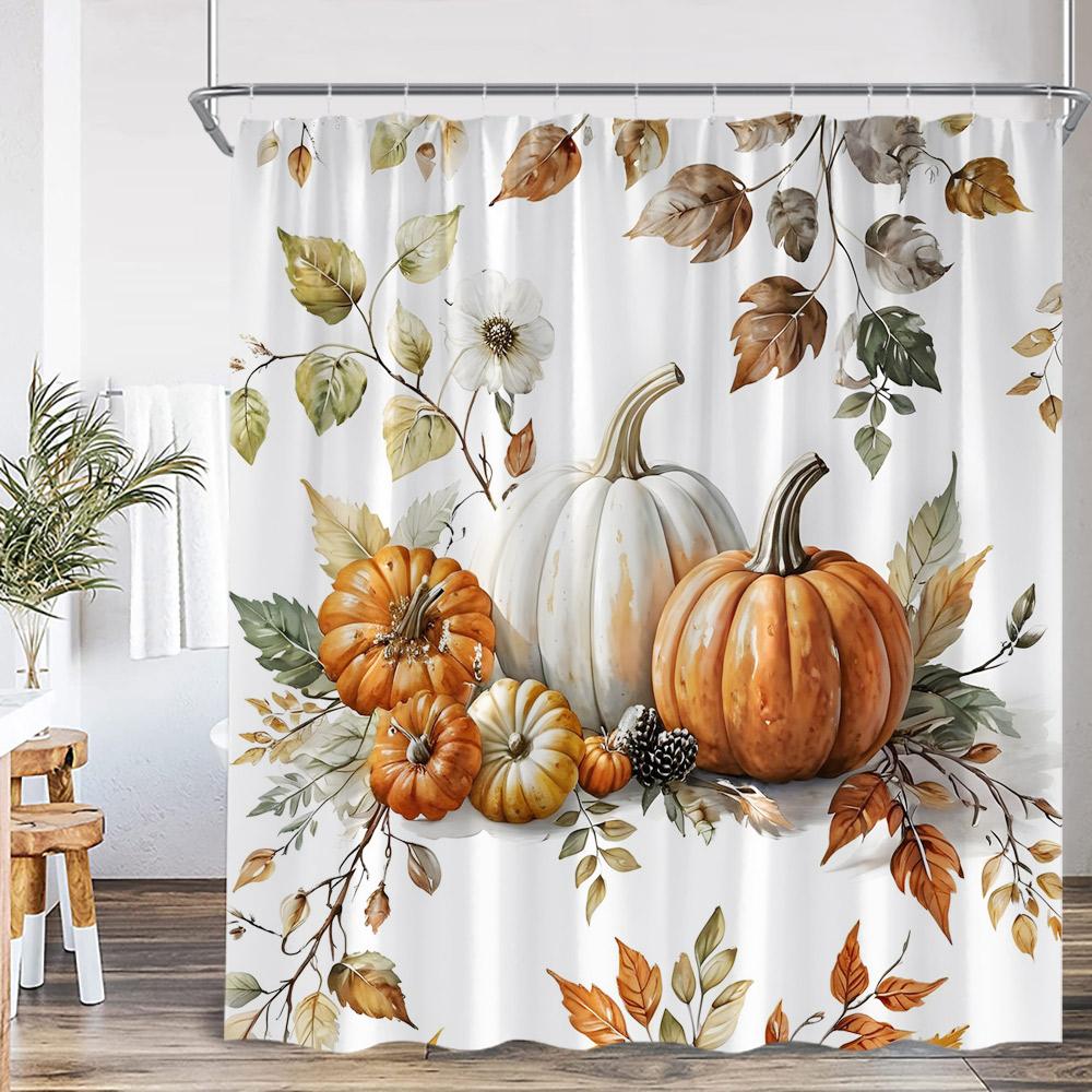 Autumn Pumpkin Shower Curtain Harvest Season Maple Leaf Scarecrow Flower Wooden Plank Barn Farmhouse Bath Decoration With Hook
