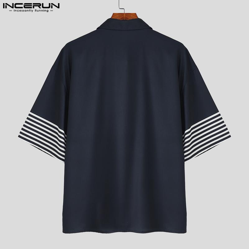 INCERUN Oversized Men Lapel Short Sleeve Floral Striped Casual Loose Shirts