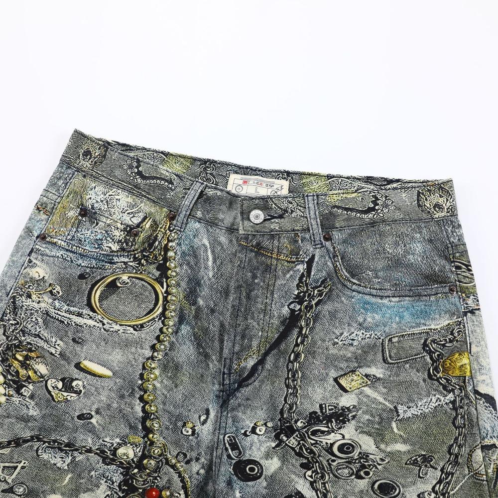 ZYLLO Herr Hög Street Oversized Hip Hop Jeans Byxor 3D-tryckta Vintage Denimbyxor Mode Streetwear Målade Raka Jeans