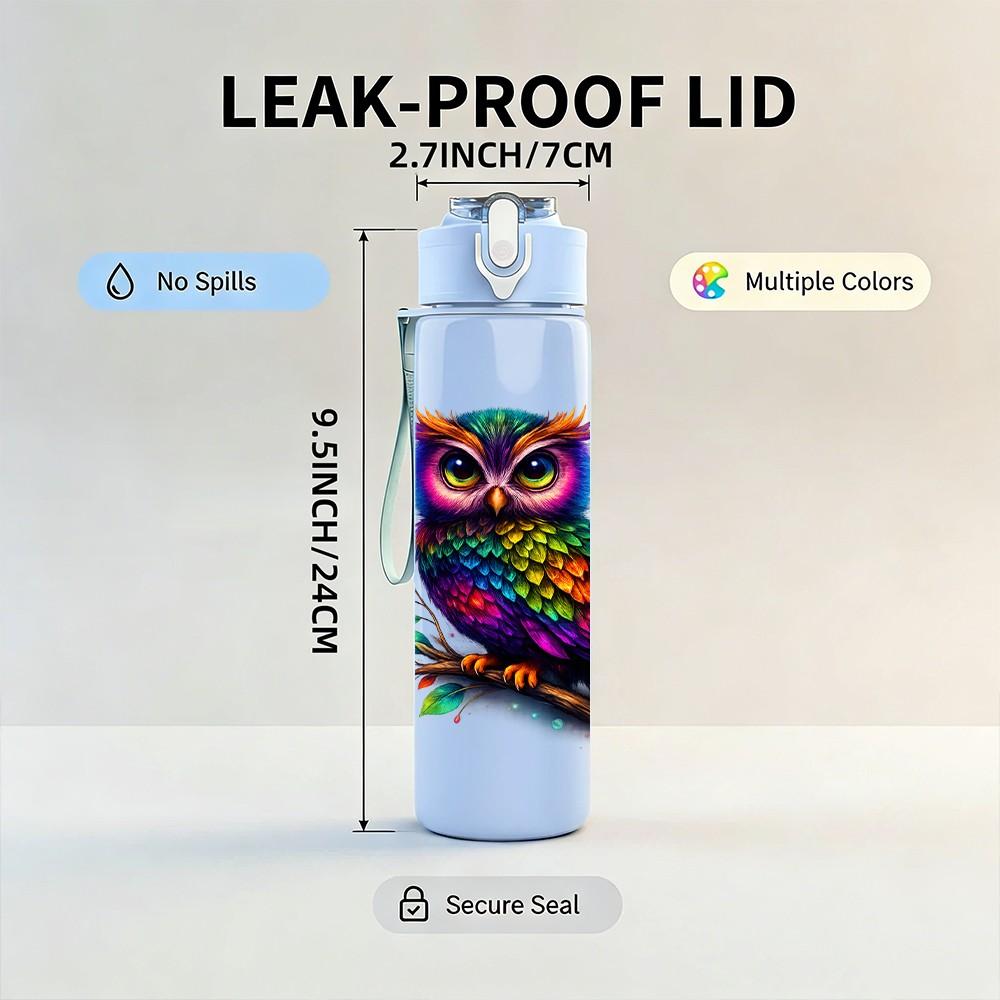 1PC Colorful Owl Bird Art Portrait Print 750ml Color Plastic Sports Water Bottle Leakproof Flip Straw Lid Suitable for Sports Office Home Use