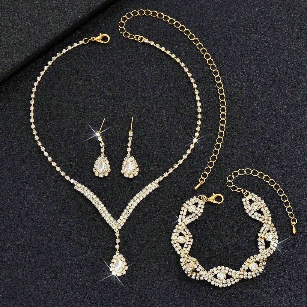 Bridesmaids Ball Outfit Rhinestone Jewelry Set Bridal Wedding Metal Zircon Water Drop Wave Necklace Earrings Bracelet