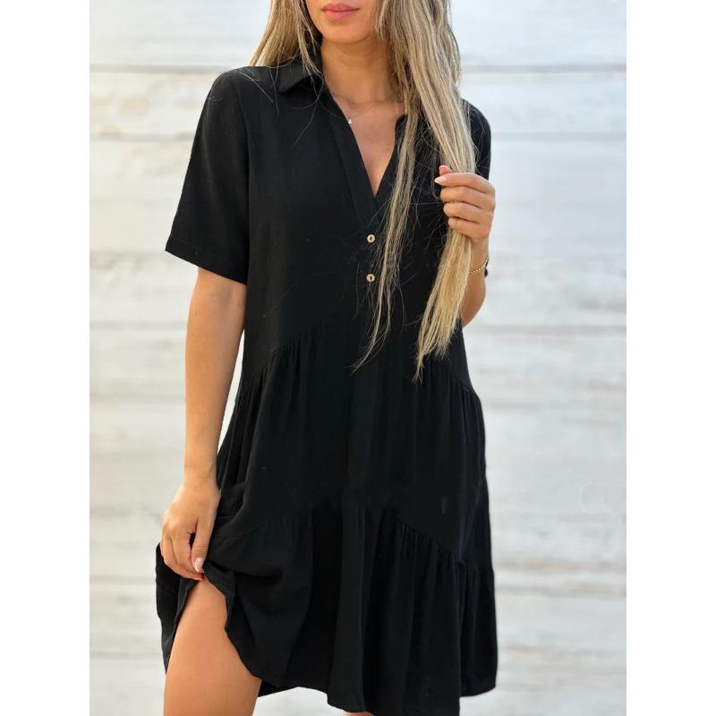 QICED Fashion Summer Spring Solid Color Print Short Sleeve V-Neck Casual Dresses