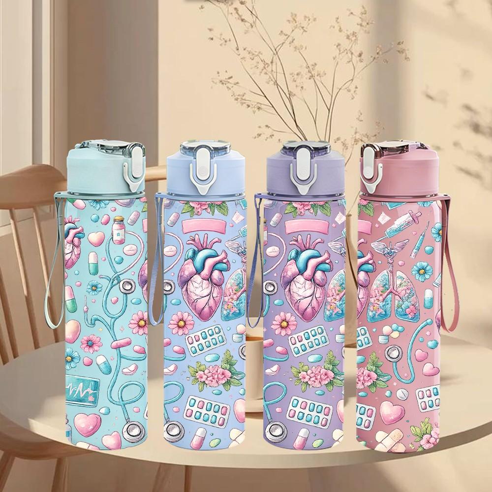 1PC Cute Unicorn Candy Pastel Pattern Print 750ml Color Plastic Sports Water Bottle Leakproof Flip Straw Lid Suitable for Sports Office Home Use