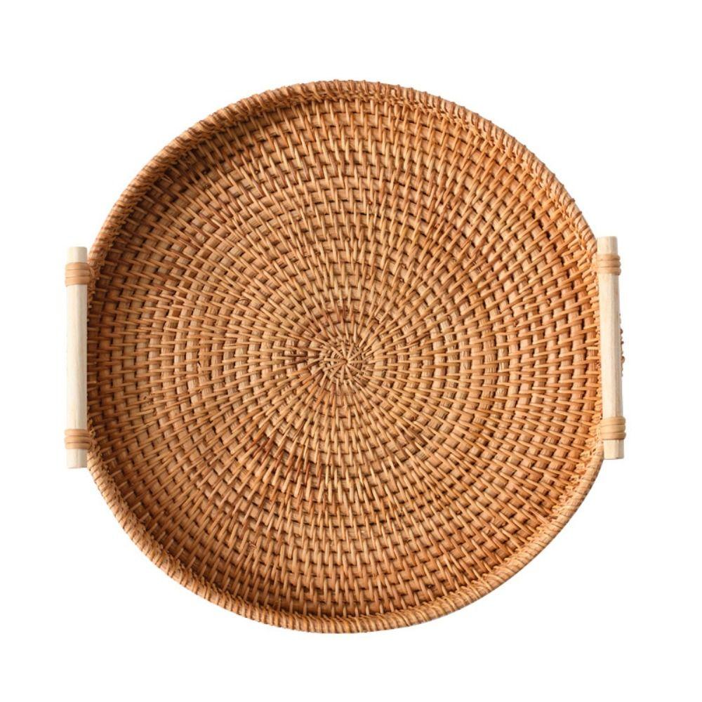 Handwoven Handmade Rattan Tray Round Shape Eco-Friendly Wicker Serving Tray with Handles Large Capacity Food Storage Basket