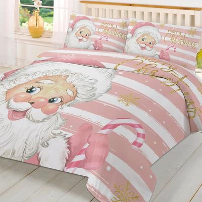 Natale Babbo Natale Fiocchi di neve Righe rosa Set biancheria da letto 3 pezzi per letto matrimoniale Tessile per la casa Copripiumino Copripiumino Federa