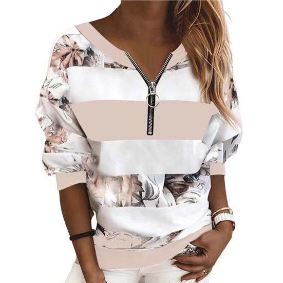 V-Ausschnitt Langarm Elastische Bündchen Pullover Sweatshirt Herbst Floral Gestreift Digital