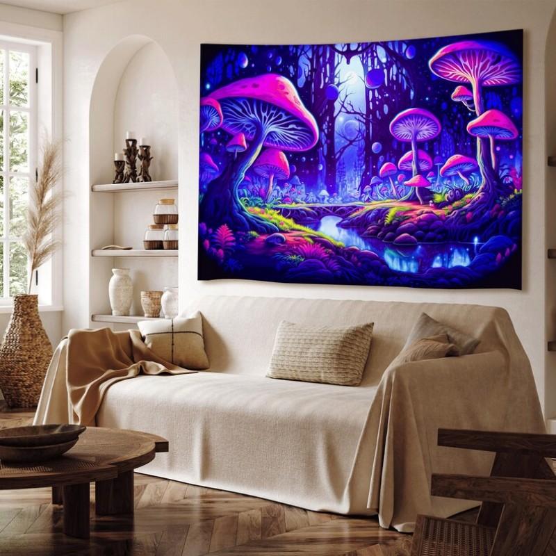 Blacklight Psychedelic Mushroom Forest Tapestry UV Reactive Wall Hanging for Bedroom Living Room Home Decor 100X70CM