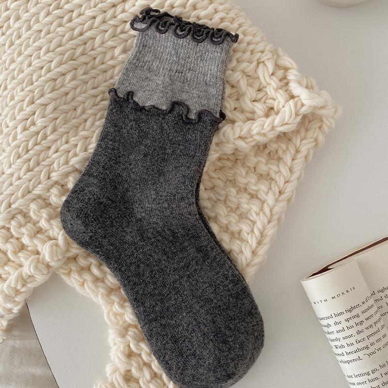 Socks Gray Boneless Wool Thickened Bow Warm Pile Socks Korean Socks Medium Tube Socks