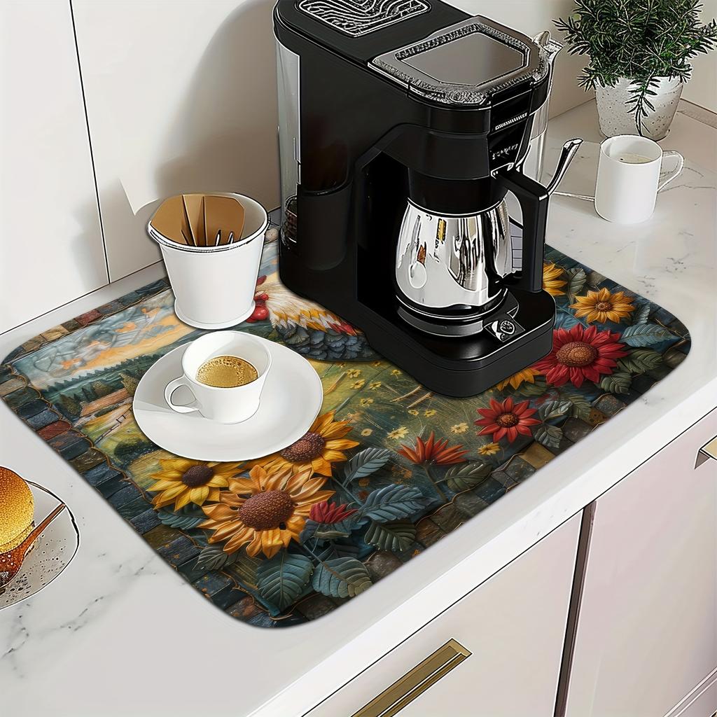 1 Stück Sonnenblumen Hahn bedruckte Gummi Trockenmatte für Café Küche Teppich Geschirr Langlebige Kieselgur Tischmatte Haustier Kaffeegeschirr Matte