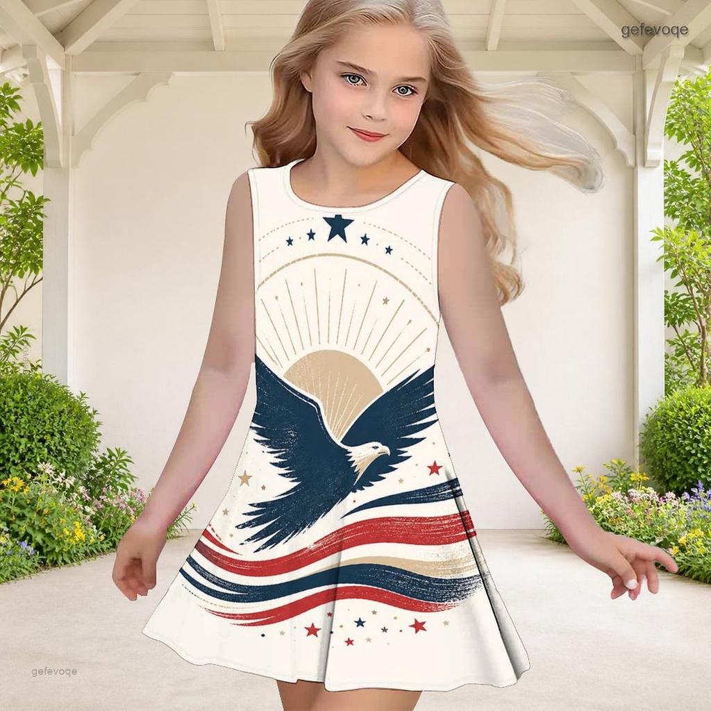 Girls White Round Neck Sleeveless Printed A Line Flared Dress Eagle Star Stripe Design