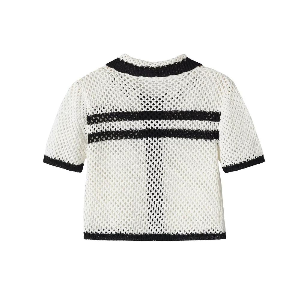 Foreign Trade European and American Style French Women's Clothing Fashion Versatile Temperament Casual Short Sleeve Hollow Knitted POLO Jacket