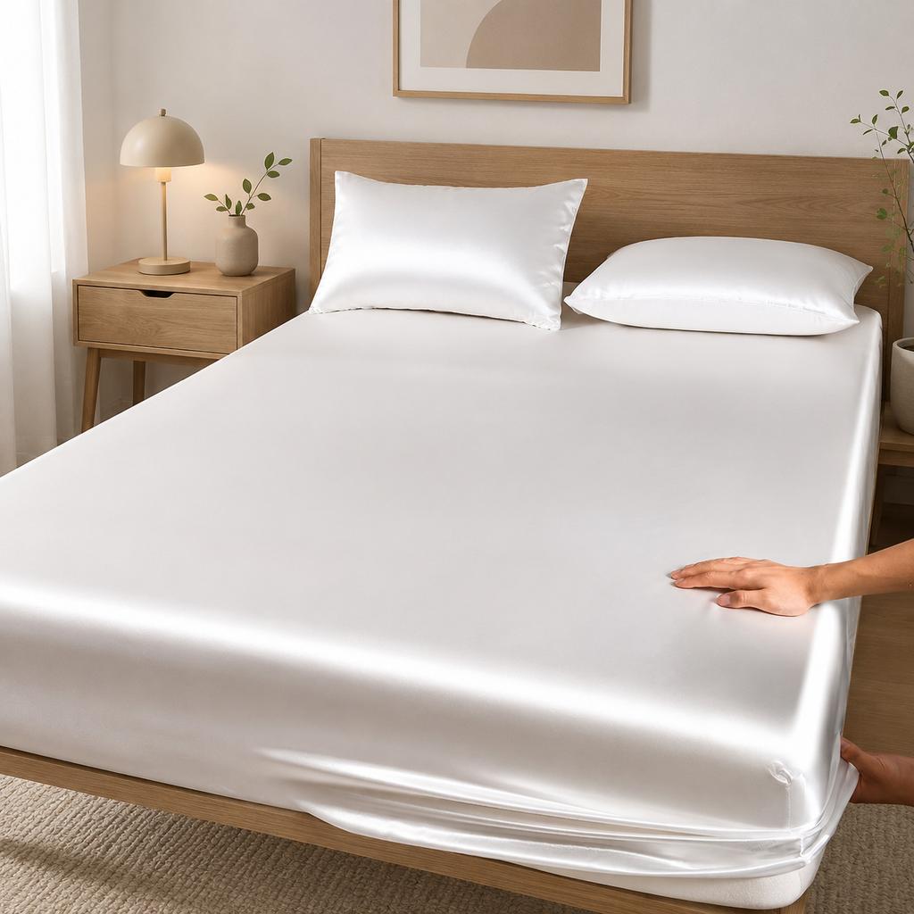 High-end Satin Fitted Sheet with Elastic Band Solid Color Silky Bed Sheet Smooth Non-Slip Mattress Cover Bedspreads Bed Linen