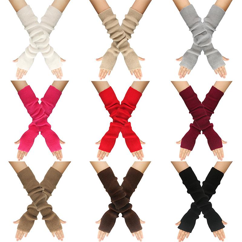 Autumn and Winter Knitted Gloves Women Warm Solid Color Extended Arm Cover Long Finger Sleeves Exposed Gloves Fingerless Gloves