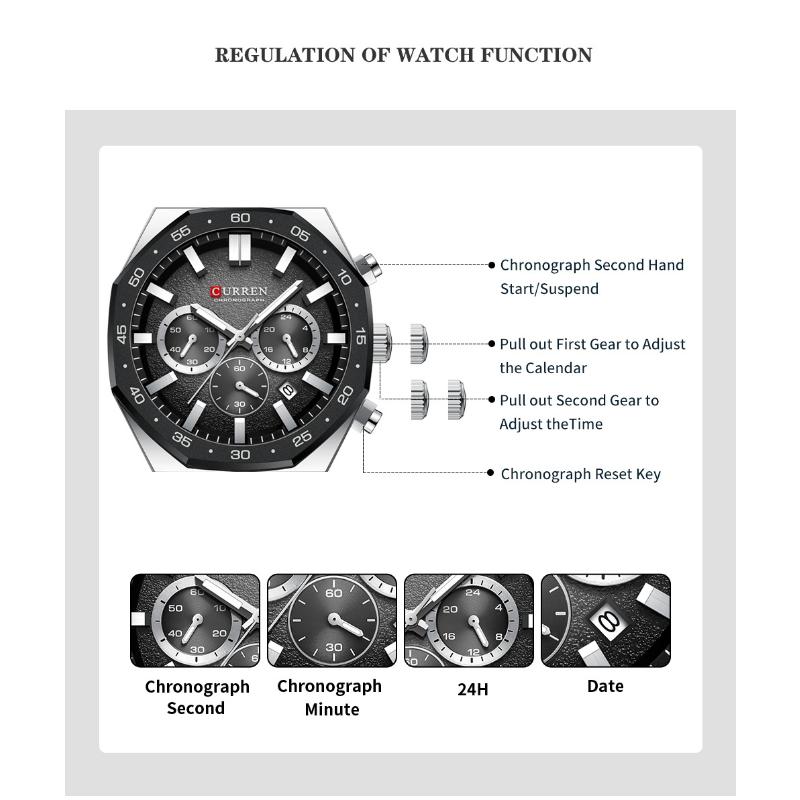 CURREN Men's Sports Chronograph Wristwatch with Black Silicone Band Auto Date Luminous Hands Quartz Watch for Men