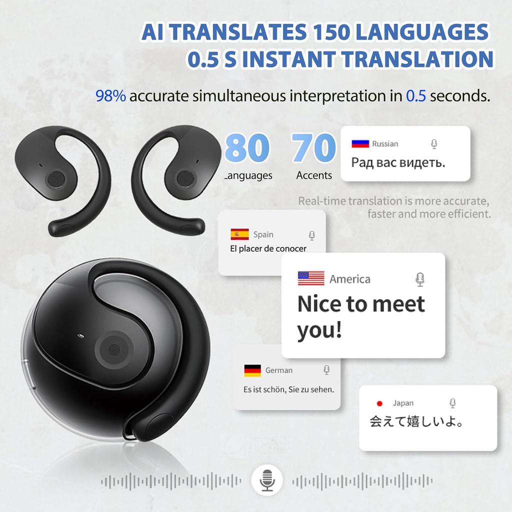 AI Language Translator Earbuds AI Headphones Live Language Translation Earbuds Real Time for iPhone Android Open Ear Buds Headphones Wireless