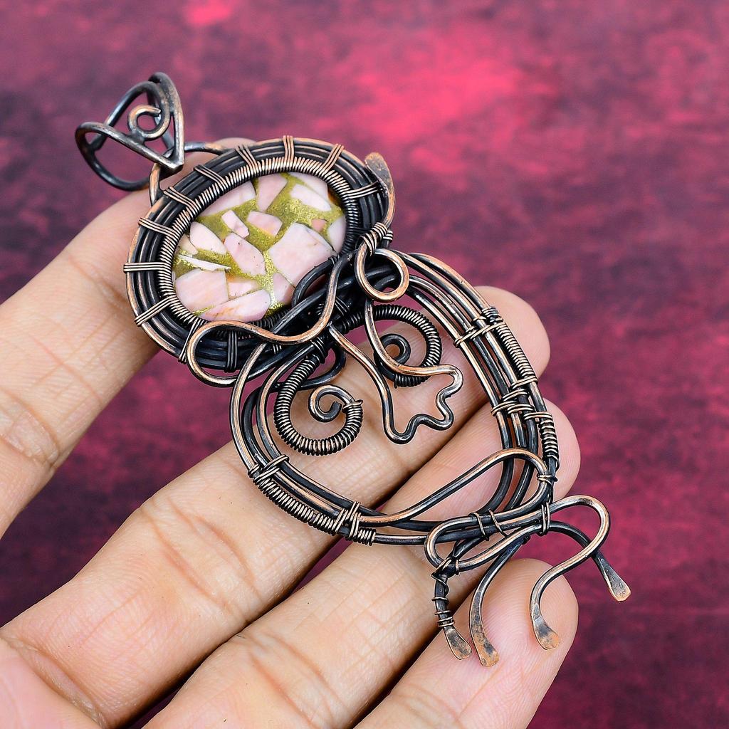 Copper Pink Opal Gemstone Pendant Copper Wire Wrapped Pendant Handmade Jewelry