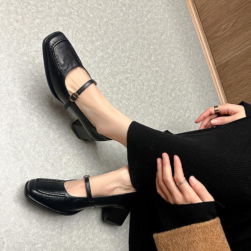 Sheepskin version Spring and Autumn square head Mary Jane shoes women's ol commuting light mouth thick high heels