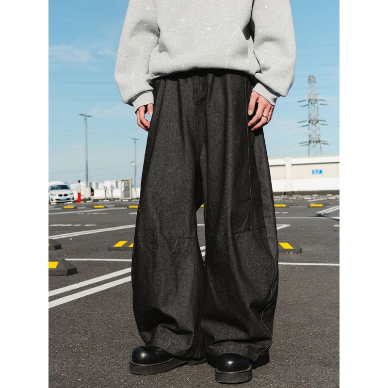 Wassup Trendy Retro Distressed Pure Black Scimitar Jeans for Men and Women, American Hip-Hop Style, Drapey Wide-Leg Long Pants