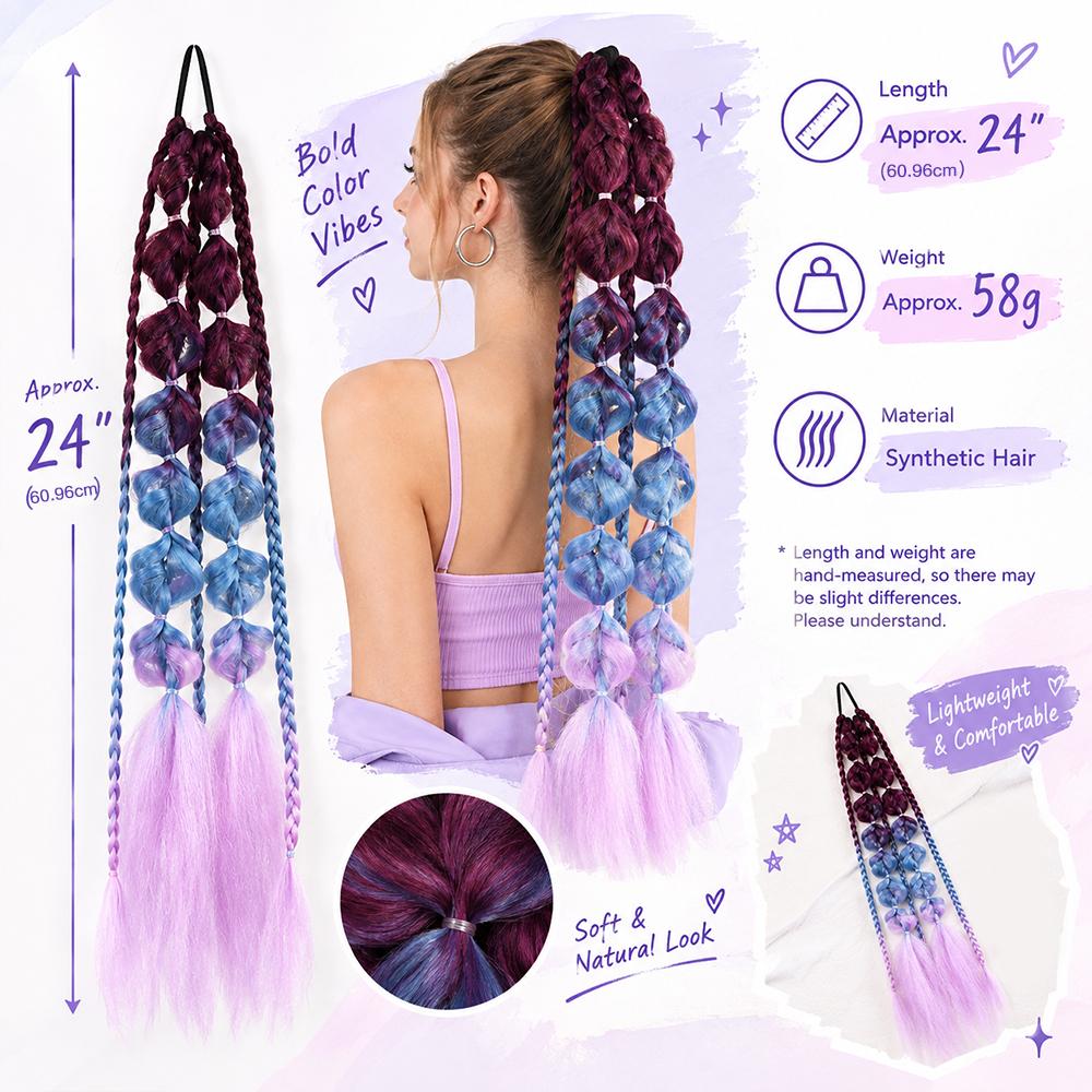 24 Inch Synthetic Gradient Corlorful Bubble Braids Ponytail Hair Extensions Rubber Band Style Hairpiece For Party Costume Halloween Wear