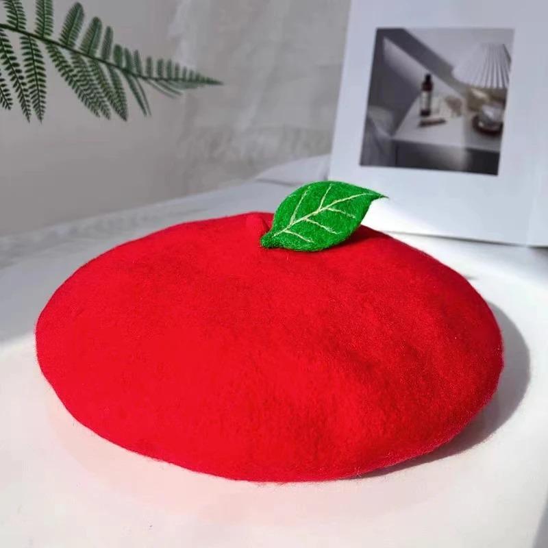 Women's Beret Handmade DIY Fruit Green Apple Painter Hat Cute Girl Little Leaf Woolen Hat Autumn and Winter Outdoor Warm Beanie