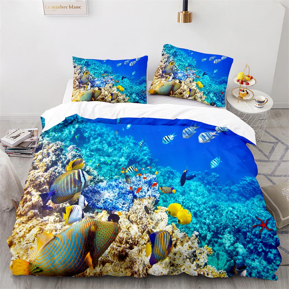 Underwater World Duvet Cover King Queen Blue Ocean Shark Bedding Set For Kids Sea Animal Coral Fish 2/3pcs Polyester Quilt Cover