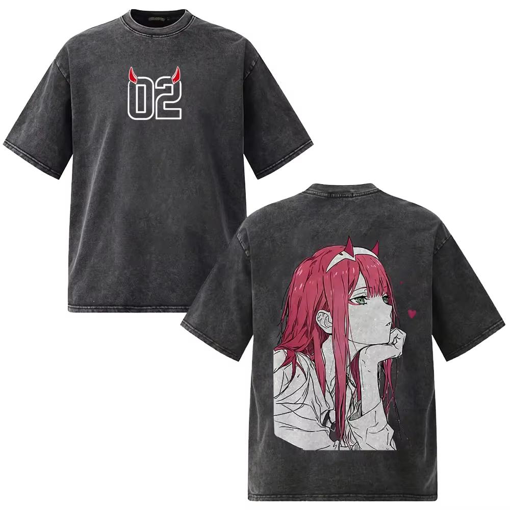 Washed Vintage Anime Darling In The Franxx Zero Two Graphic T Shirt Men Women 90s Manga Casual Y2K Gothic Cotton Oversized T-shirts
