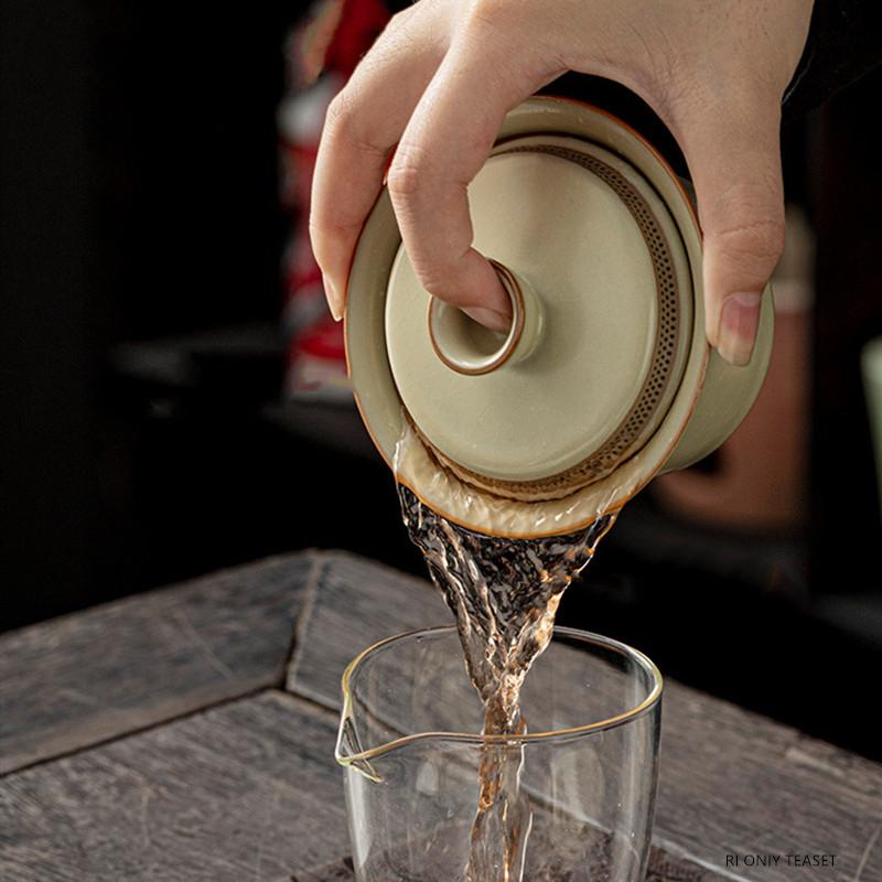 Chinese Ru Kiln Ceramic Gaiwan Handmade Teacup Tea Water Separation Tea Bowl Household Travel Teaware Tea Ceremony Gifts
