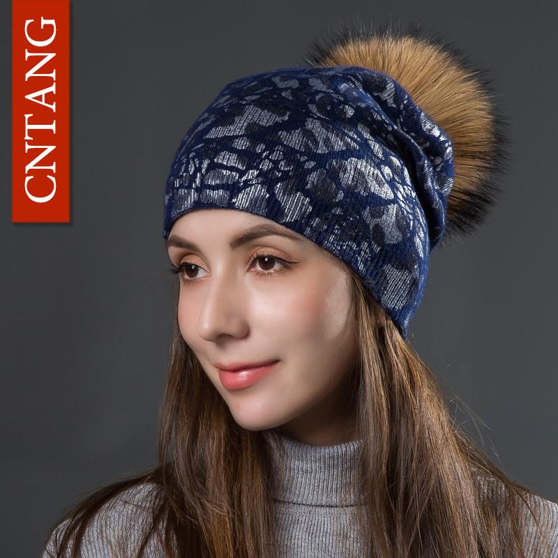 Women Winter Warm Hats Fashion Bronzing Leopard Hats with Natural Pompom Fur Caps Female Knitted Wool Hat Raccoon Beanies