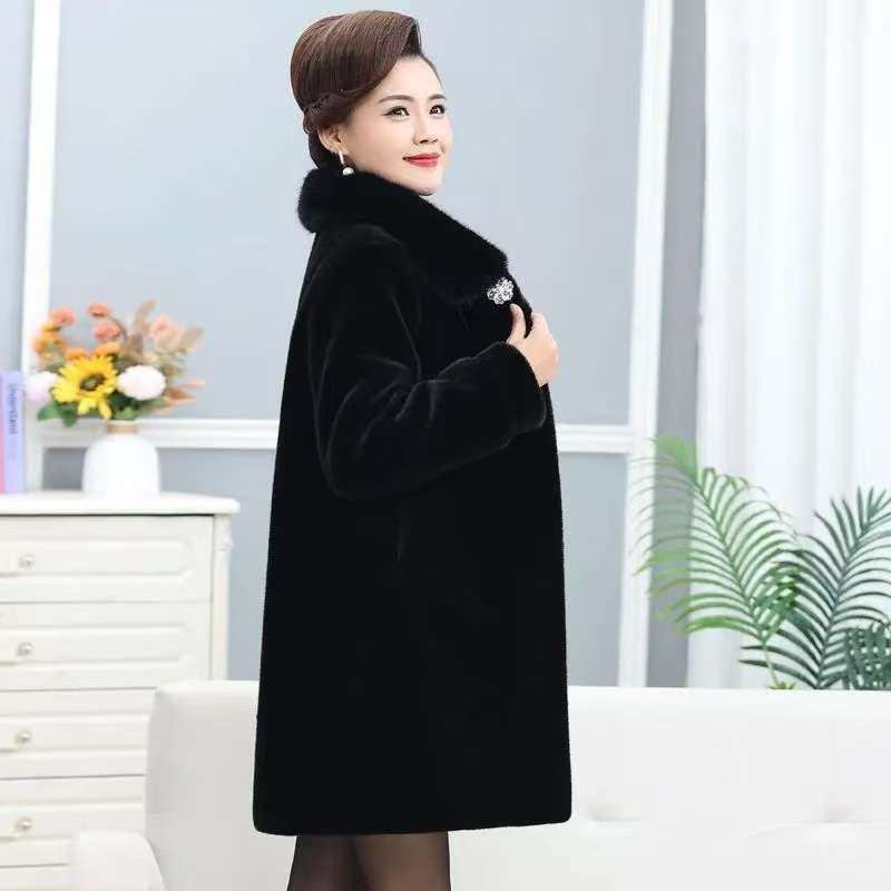 Winter Thickened Mink Velvet Coat Middle-Length Women's Outerwear Fur Collar Jacket Mid-Aged Ladies Fashion Outerwear