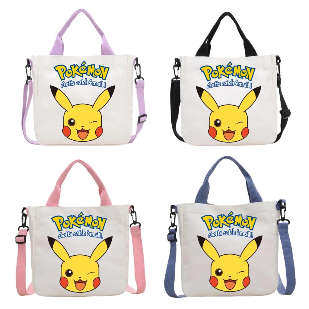 Pokemon Canvas Crossbody Bag Pikachu Cartoon Pattern Print Handbag Fashion Portable Large Capacity Travel Shopping Storage Kid Friendly Entertaining