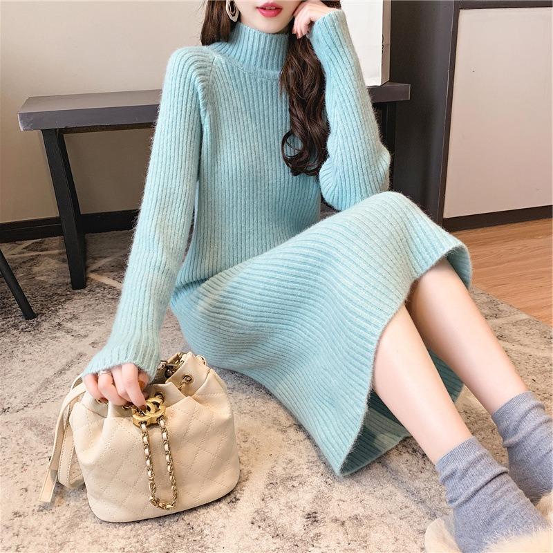 Knitted dress women's slim fall season new k medium and long inner over knee primer sweater skirt
