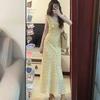 French retro floral medium and long dress women's clothing autumn new temperament holiday square collar ruffle A-shaped skirt