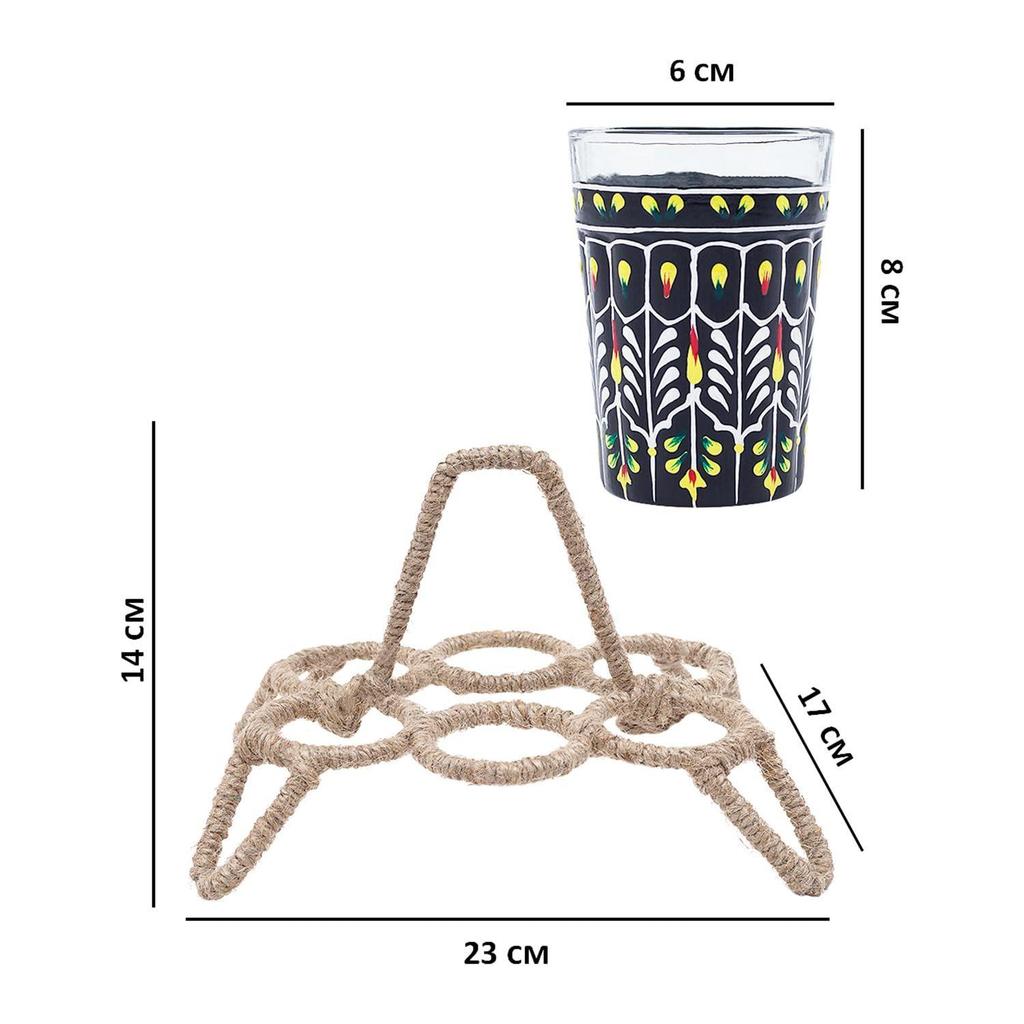Handcrafted & Handpainted Multicoloured Aluminium Tea Kettle Pot and 6 Glasses with Stand (Black, Yellow, White)