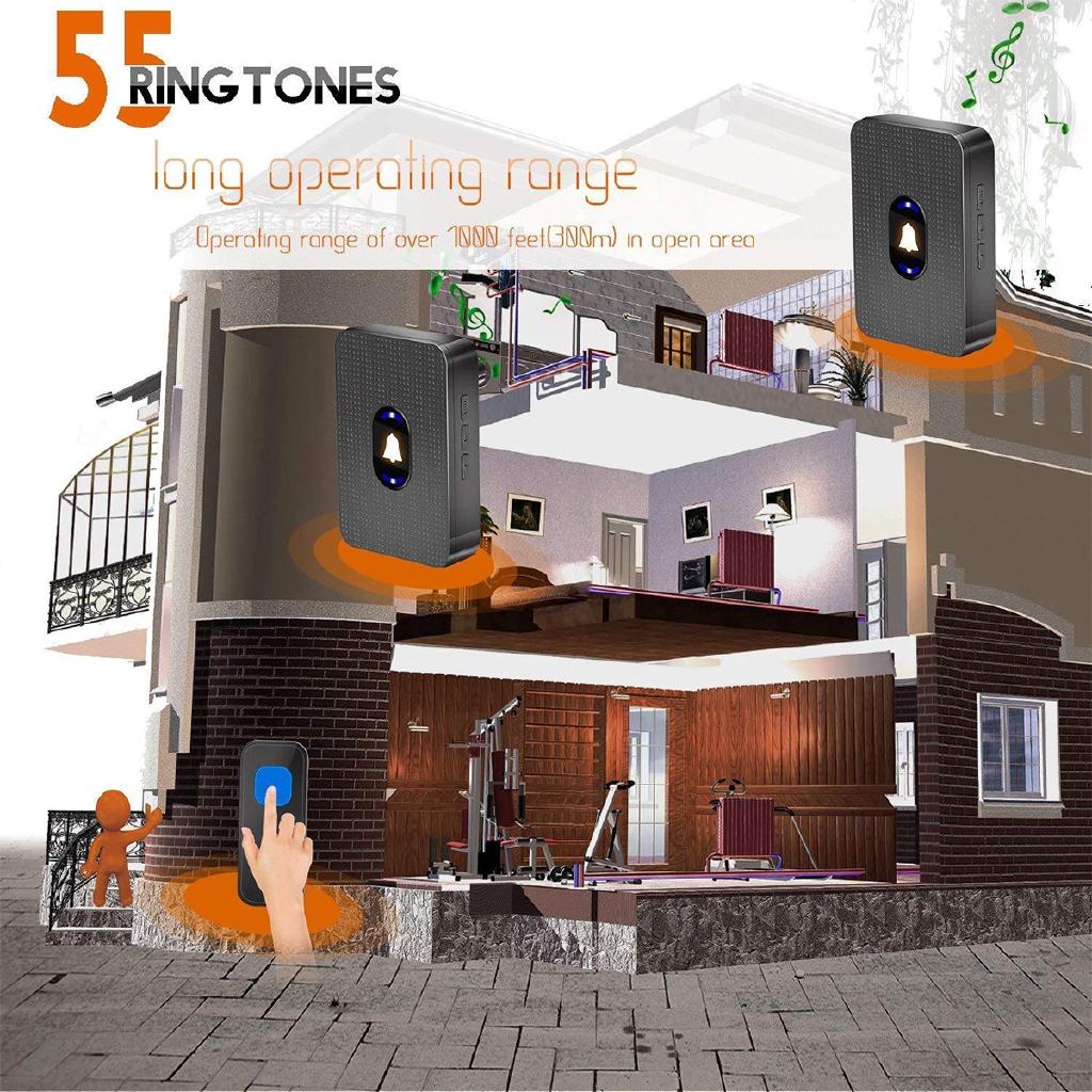 Wireless LED Waterproof Door Bell Cordless 1000ft/300M Range 55 Chime Doorbell UK/EU/US Plug 110-260V for Villas Hotels