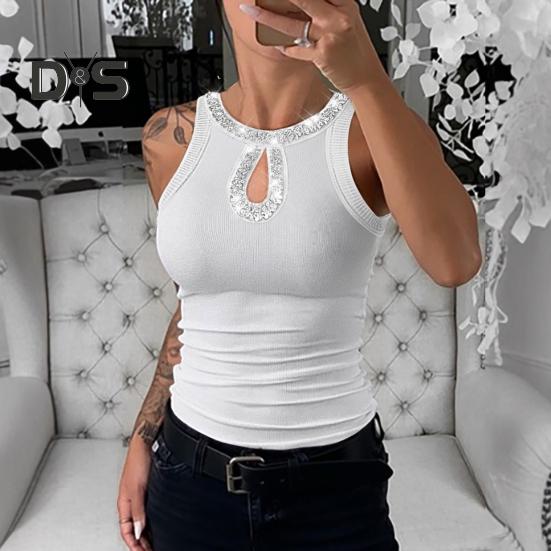Kadın Yelek Yuvarlak Yaka Kolsuz Parlak Payetli Dekorasyon Atletler Oyuk Tasarım Slim Fit Kamisol Günlük Giyim