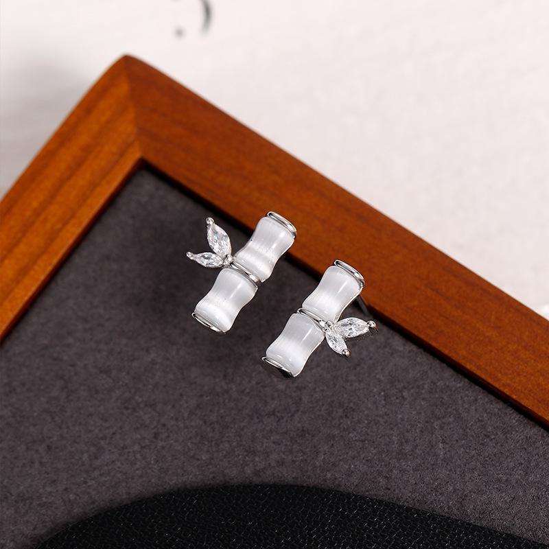Banyan Tree S925 Silver Bamboo & Cat's Eye Stone Earrings for Women - Small Ancient Chinese Palace Style Design