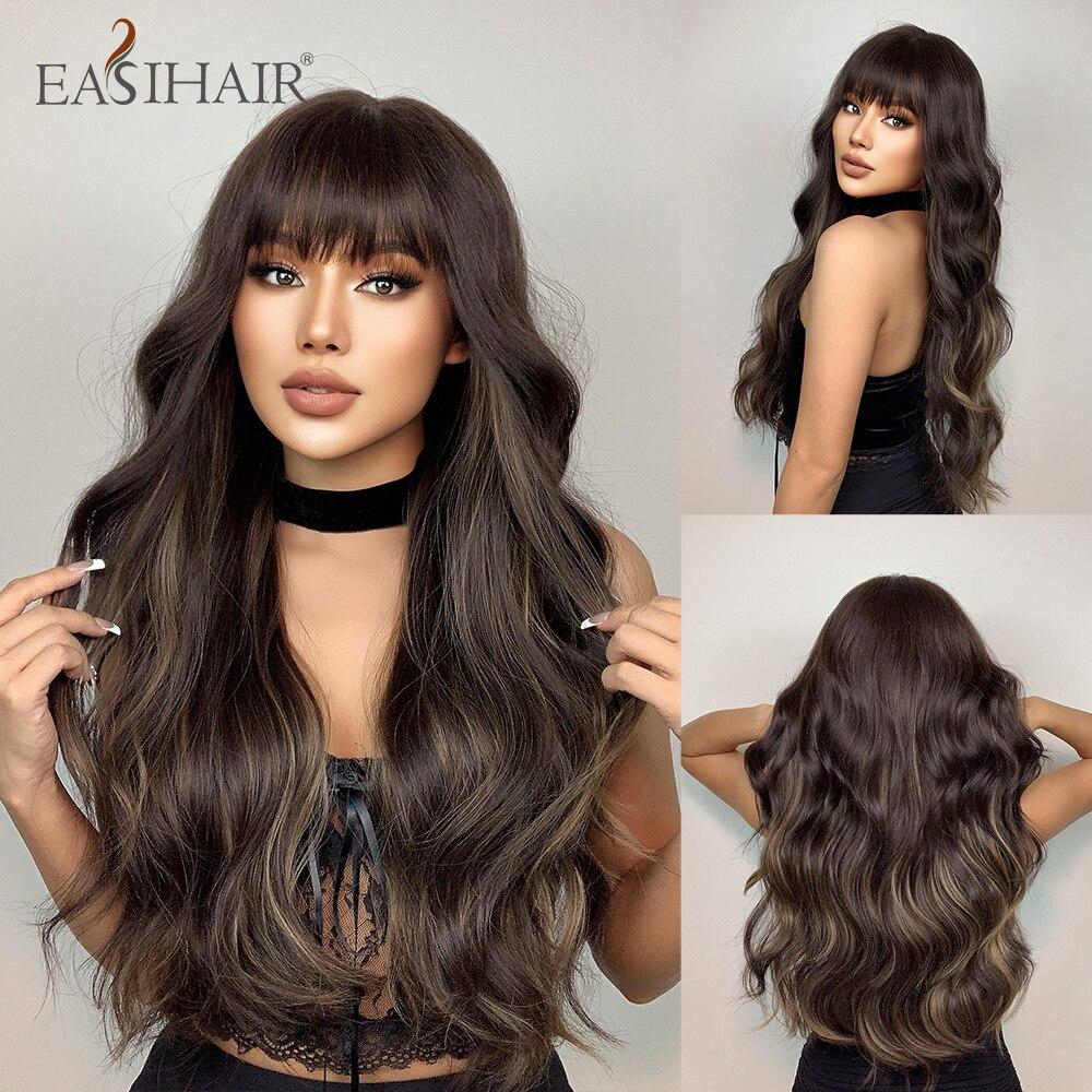 EASIHAIR Long Wavy Synthetic Wigs Blonde Ombre Hair Wig with Bangs for Women with Bangs Cosplay Daily Wig Heat Resistant