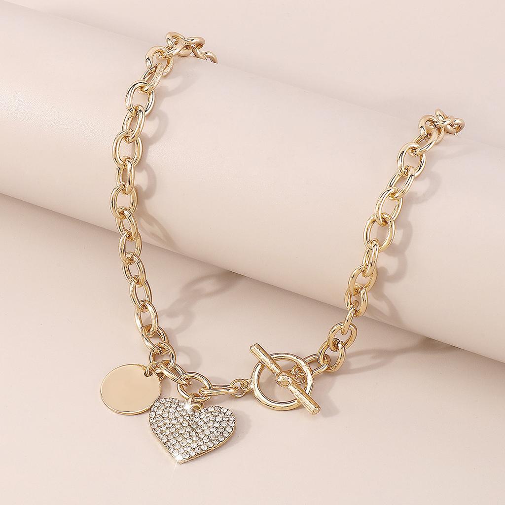 Women European Temperament Sweet Cool Choker Round Heart OT Buckle Chain Micro-set Minimalist Necklace For Women